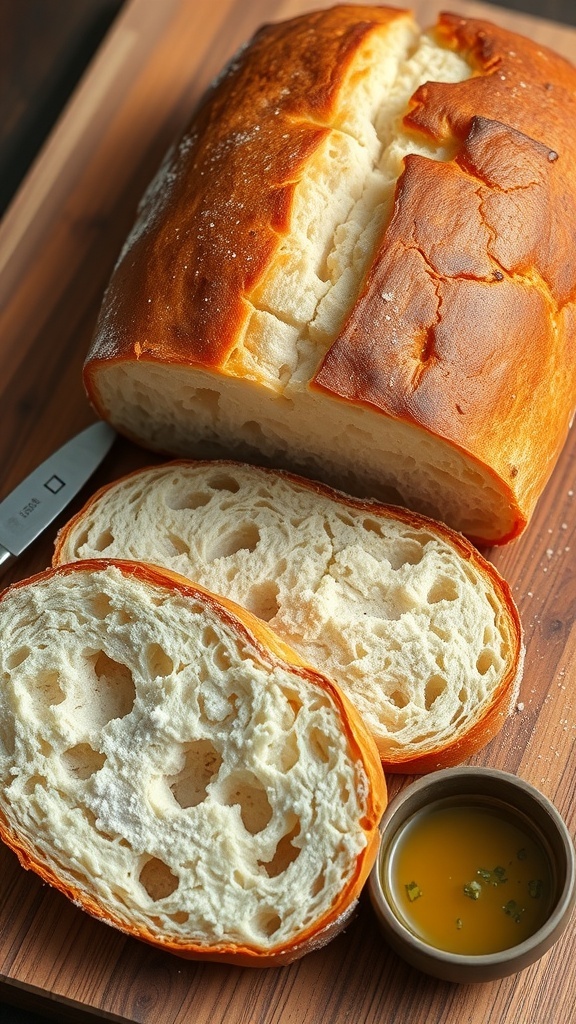 A rustic loaf of homemade bread on a wooden board, sliced to reveal its soft interior, with flour and olive oil in the background.